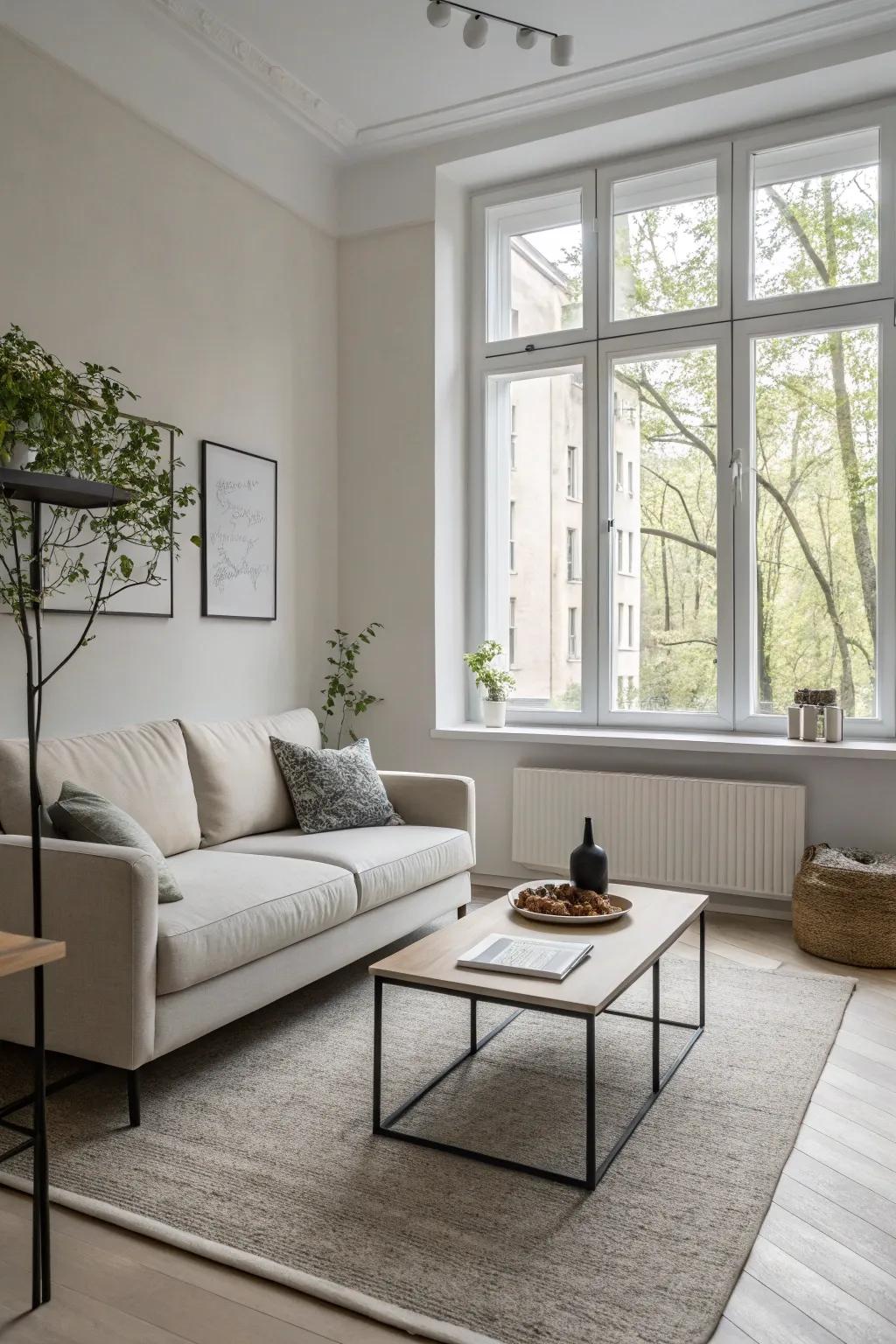 Simple furniture in a small, modern living room for an uncluttered and roomy feel.