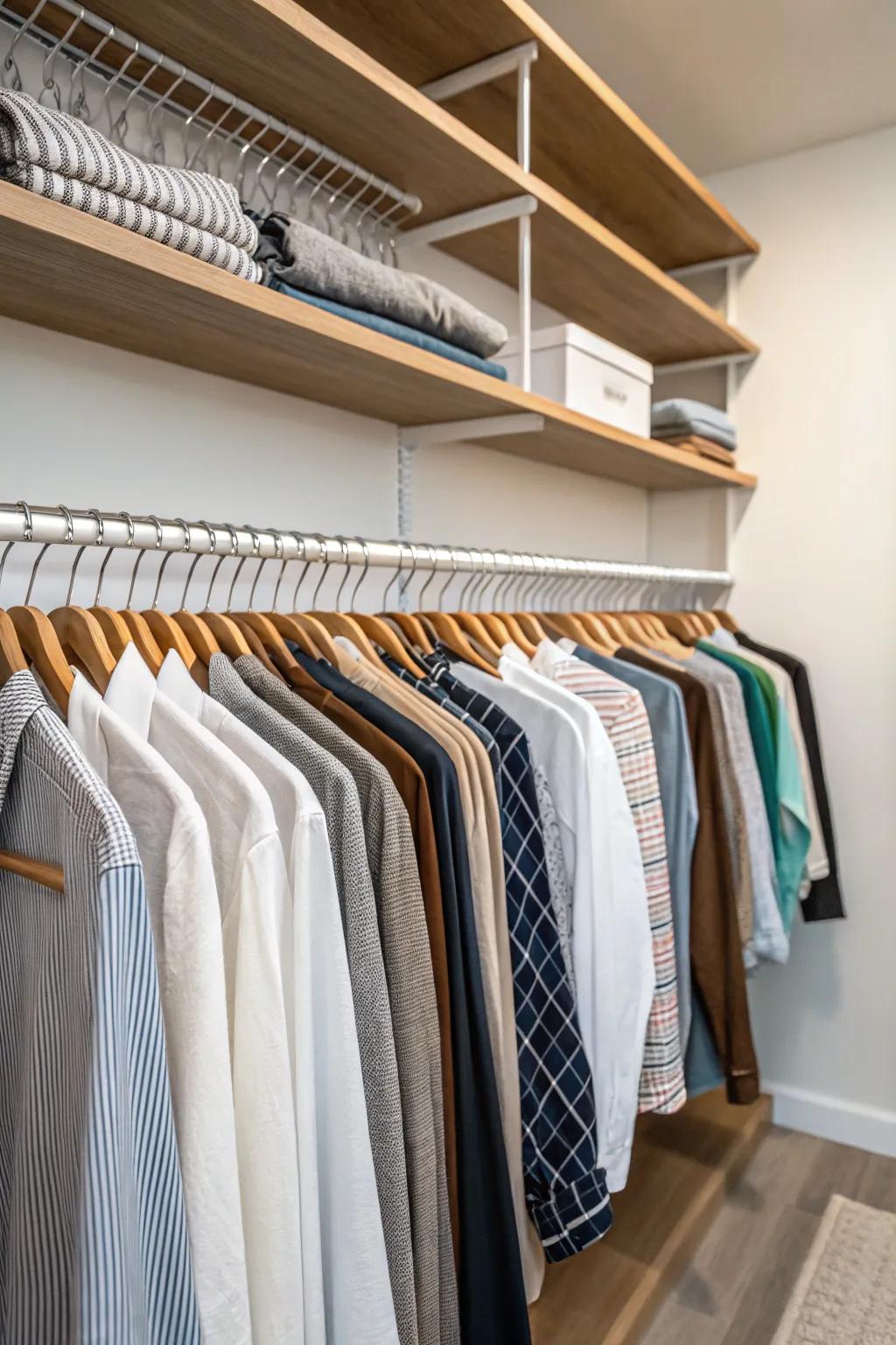 Thin hangers maximize hanging space and promote a clean appearance.