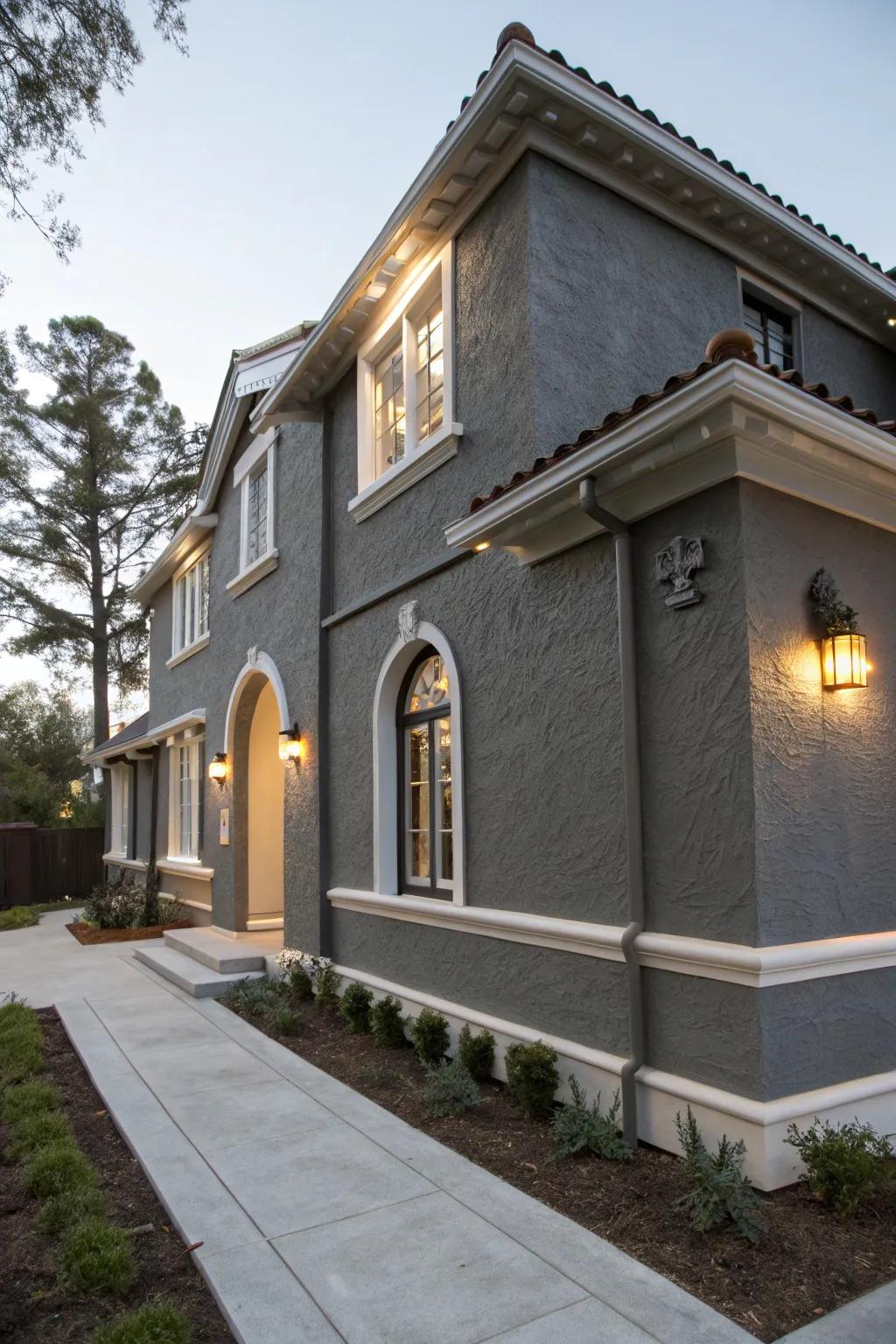 Shadowy gray stucco house with accentuating trims.