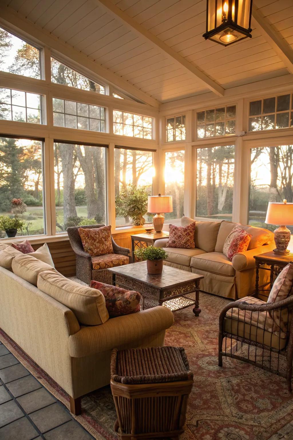 A cozy seating area in a sunroom, perfect for relaxing afternoons.