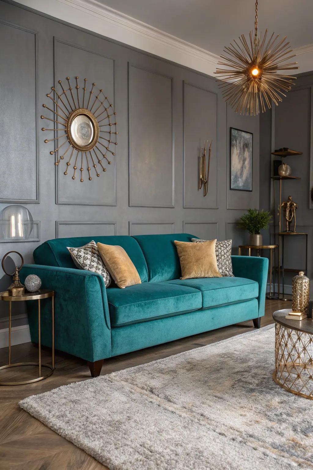 A teal velvet couch serves as a luxurious focal point in a gray-themed living room.