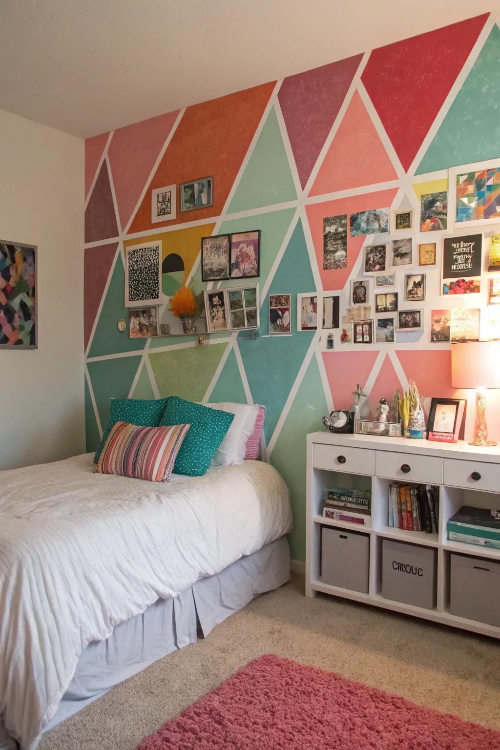 A room transformed by a striking geometric accent wall.