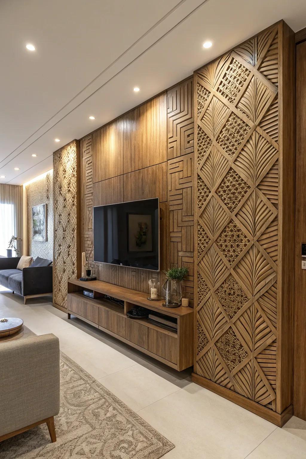 Textured panels introduce depth and sophistication to any TV wall.