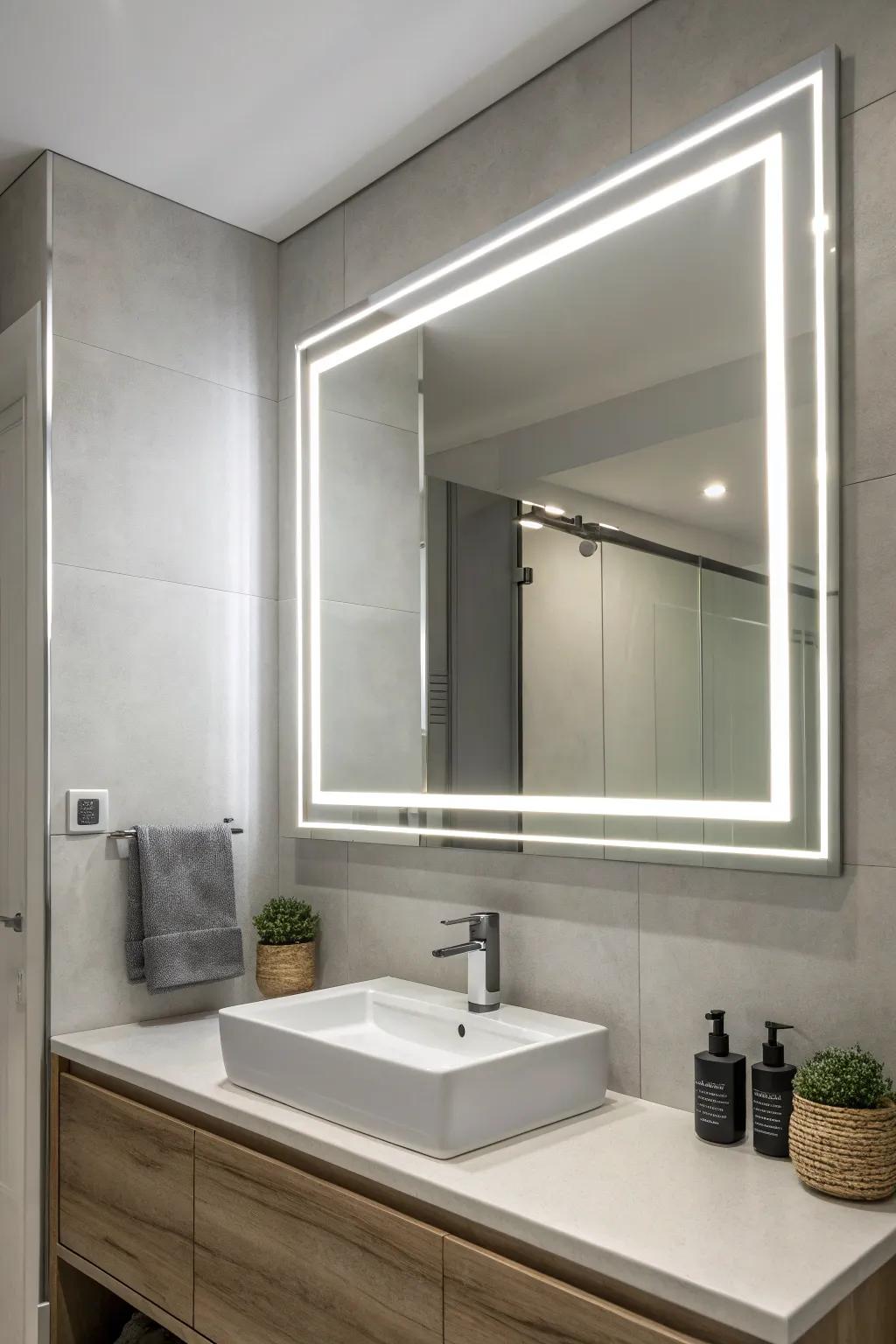 Integrated mirror lighting that creates a sleek and modern bathroom.