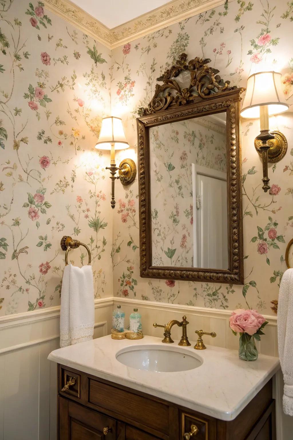 Elegant wallpaper introduces a hint of Victorian splendor.