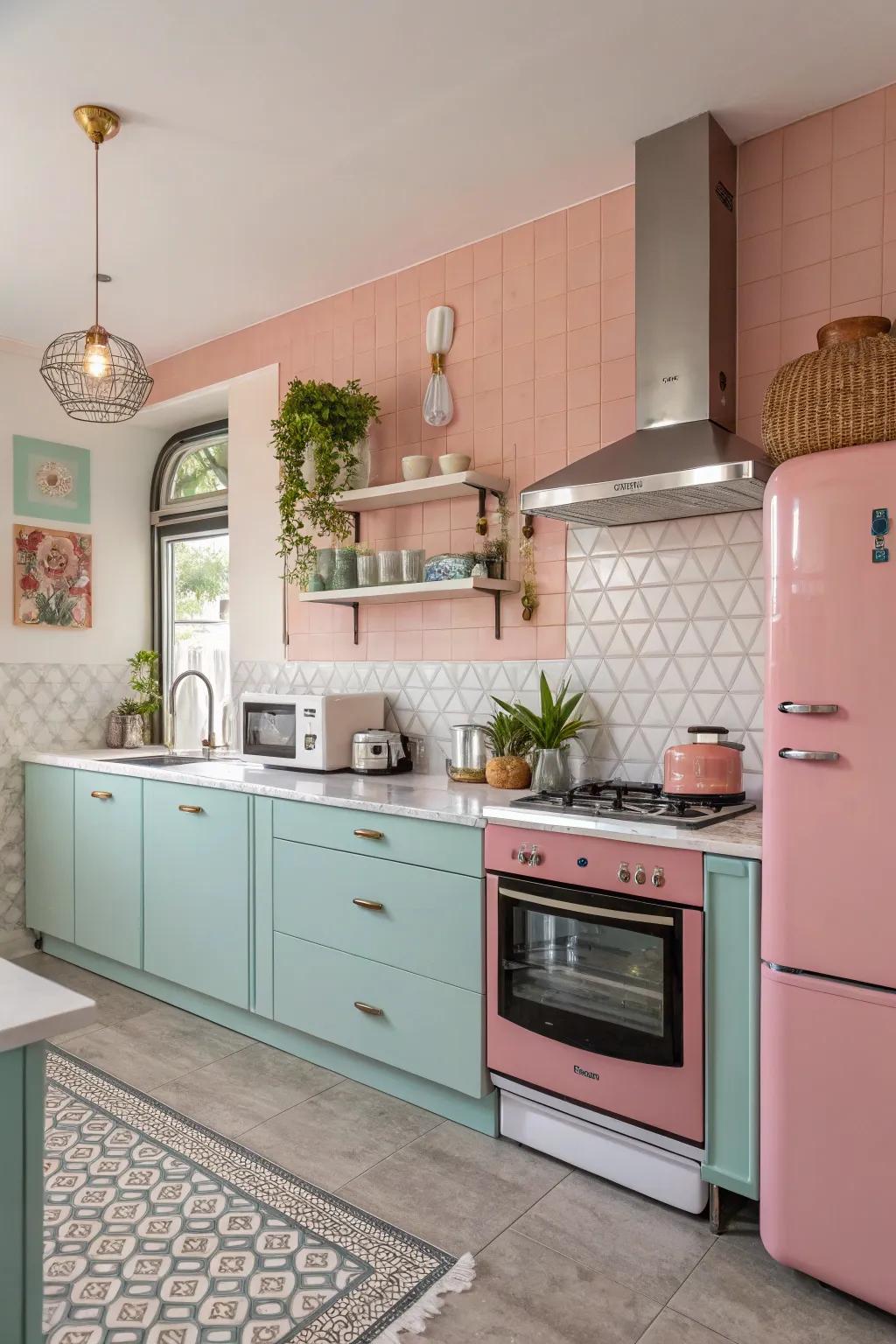 A mix of soft pastels and daring accents creates a fun, inviting kitchen environment.