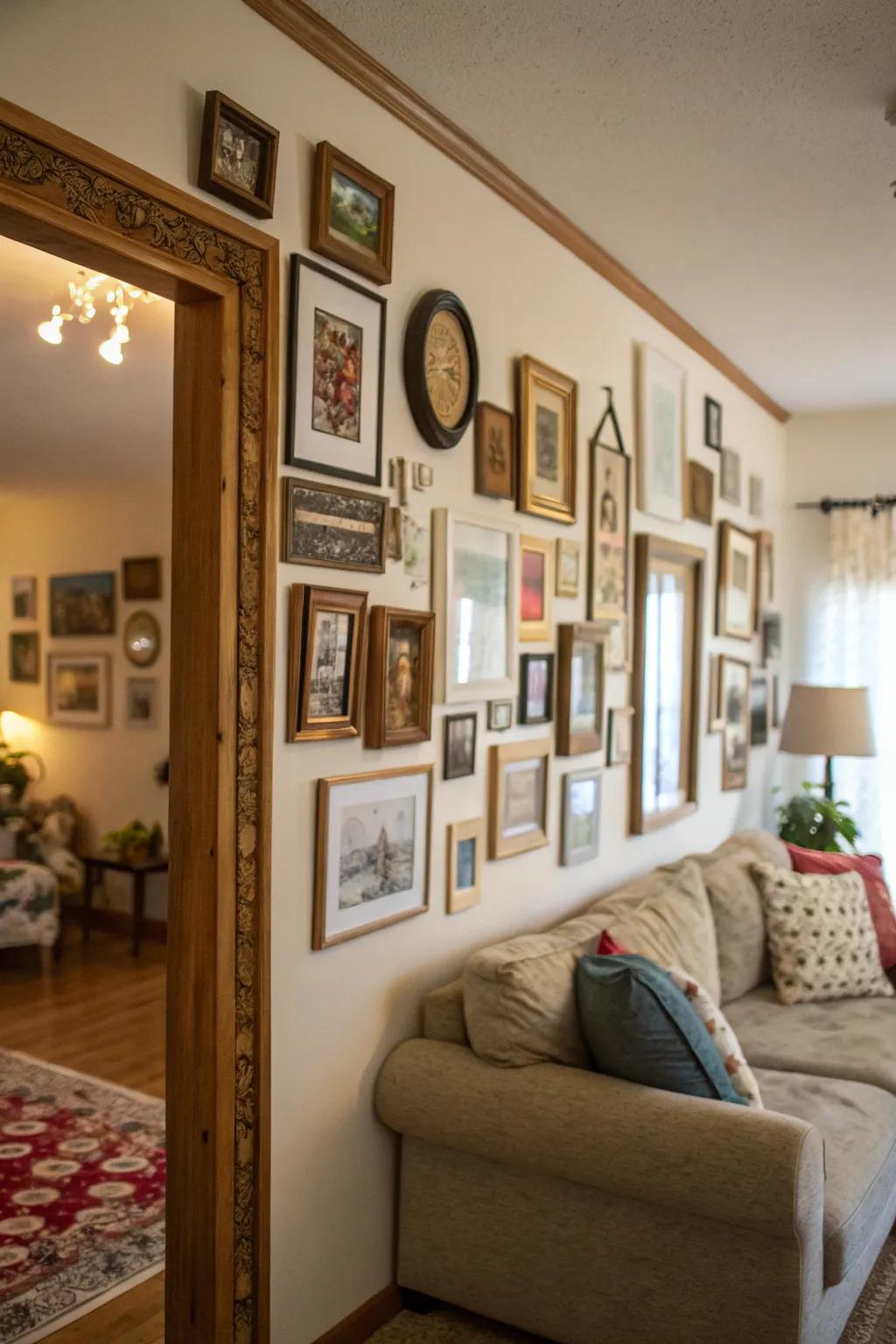 An inviting artistic display showcasing art, photos, and mirrors.