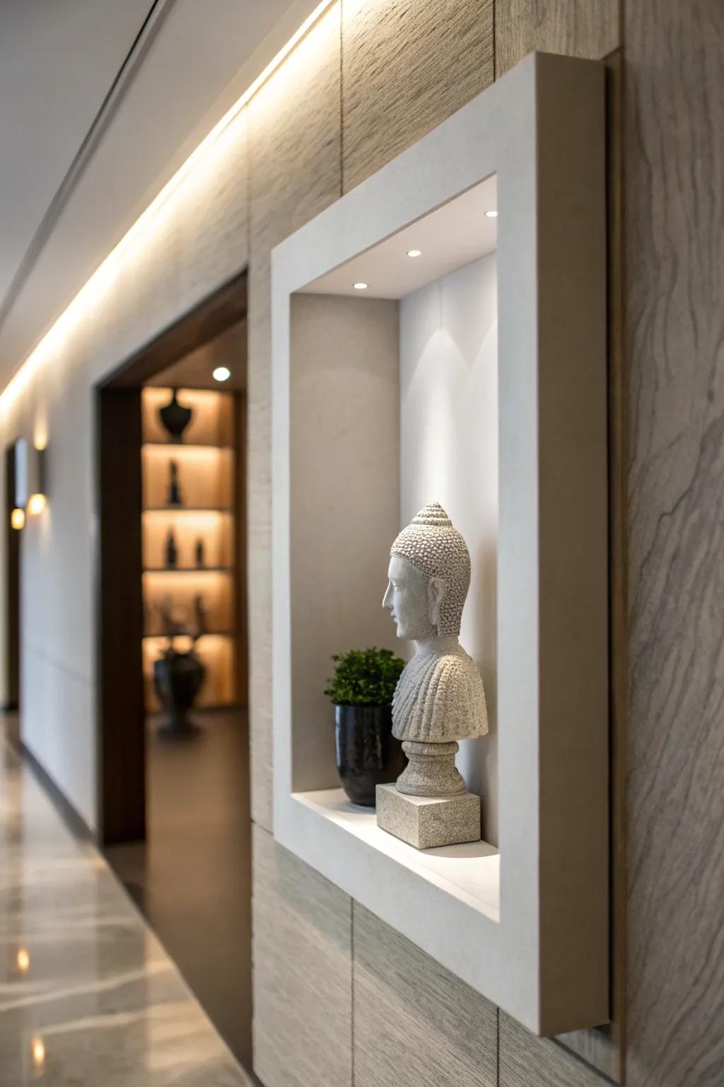 A modern wall niche acts as a mini gallery for a simple sculpture.