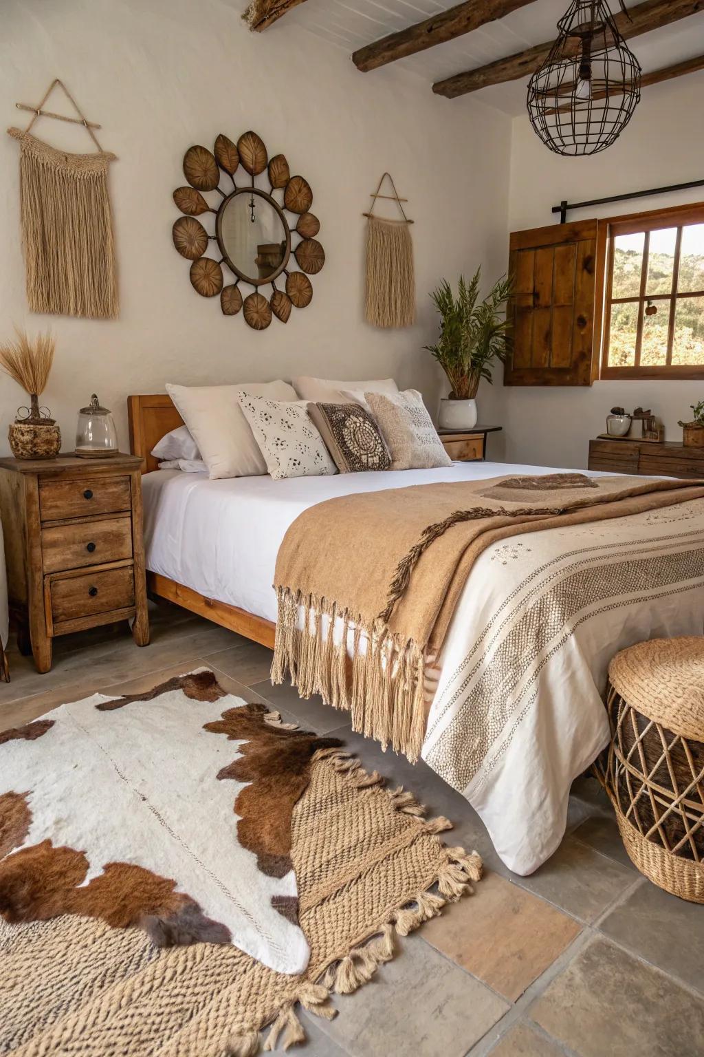 Countryside decorative aspects such as animal hide-inspired floor coverings, bringing the feel of the west to your sleeping quarters.