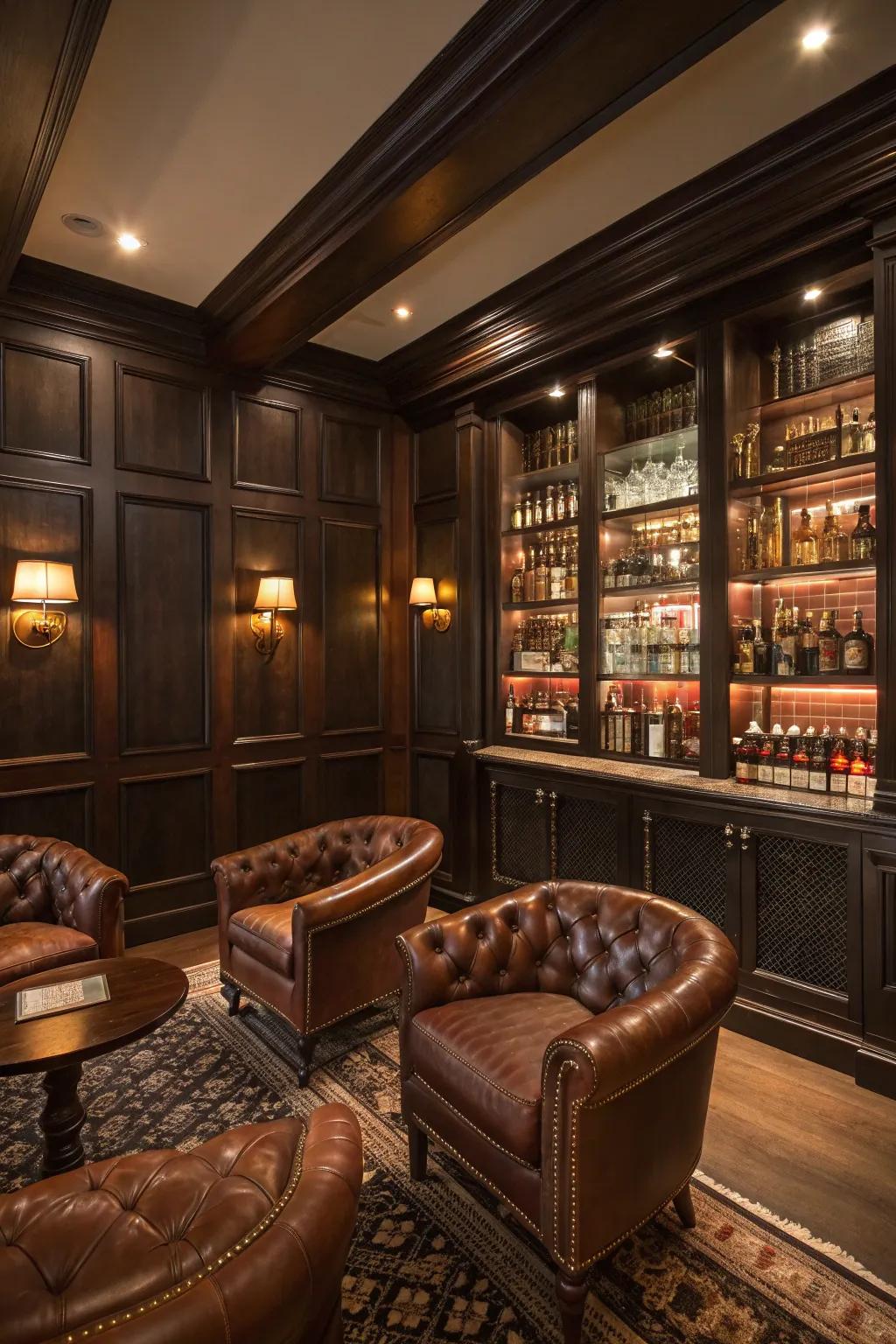 Deep wood and leather create a warm, inviting environment perfect for whiskey enjoyment.