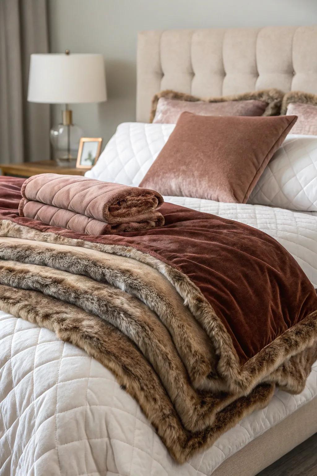 A bed featuring layered velour and imitation fur bedding.
