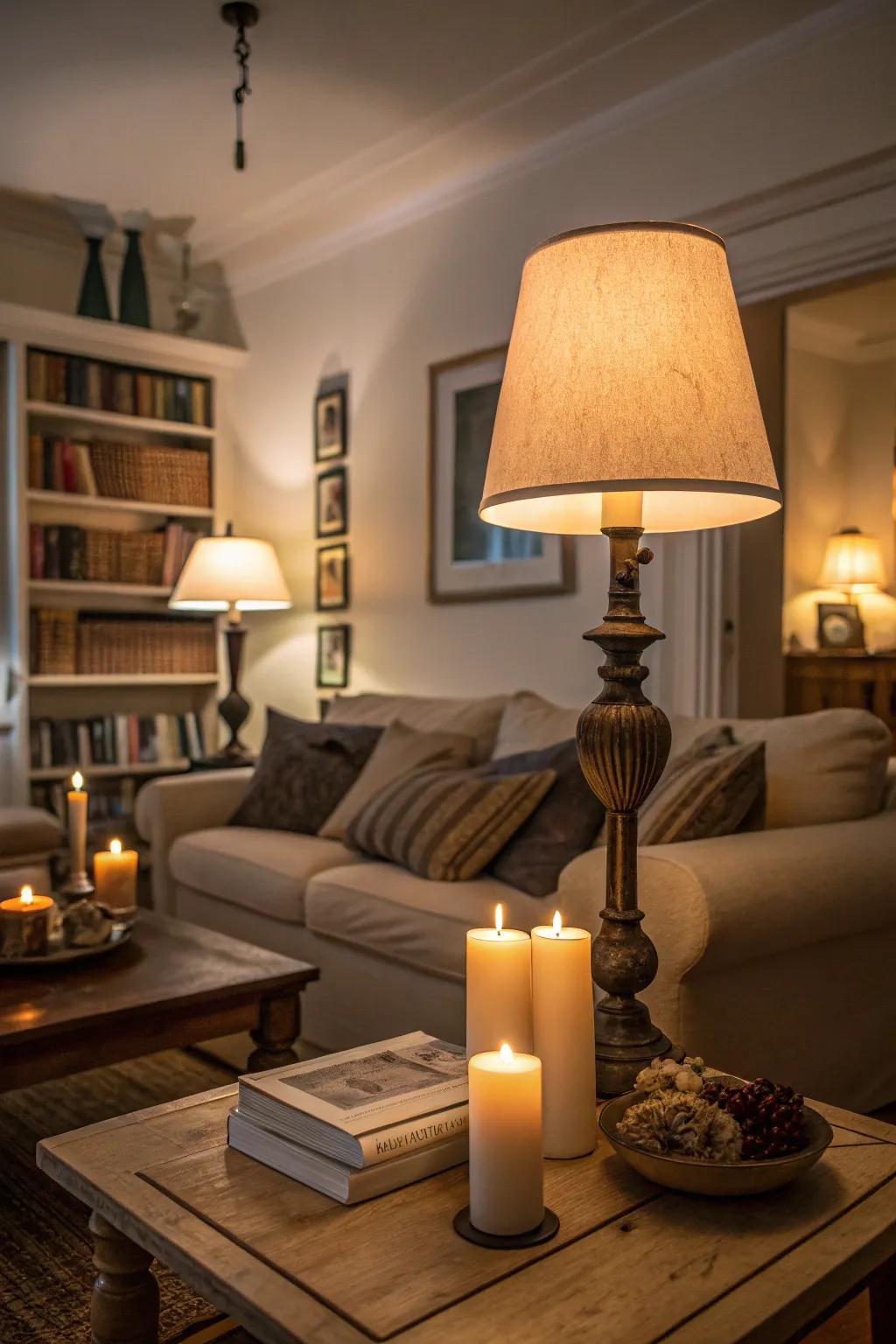 Warm lighting from adjustable lights and candles in an atmospheric living space.