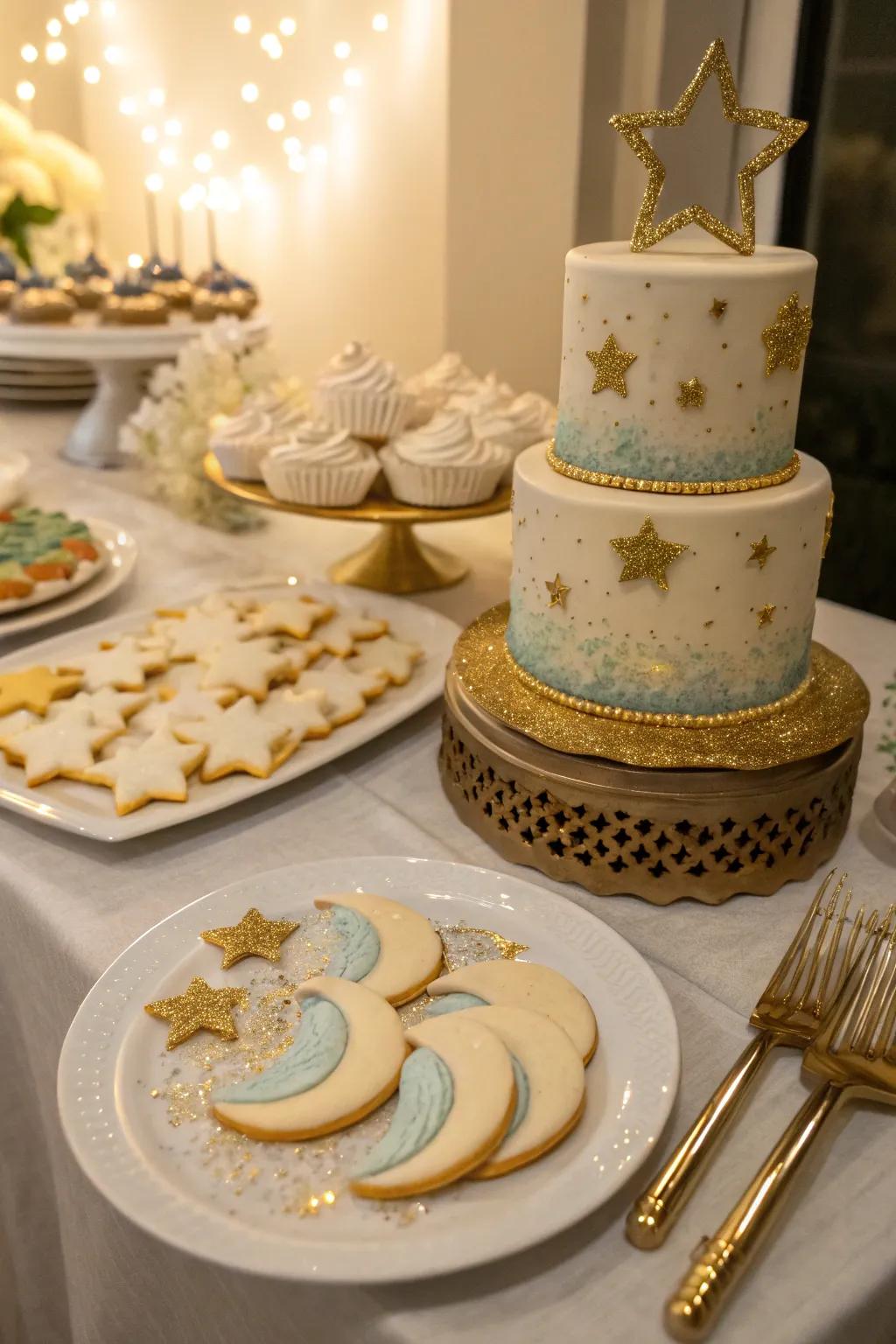 A heavenly dessert table offering sweet delights under a canopy of stars.