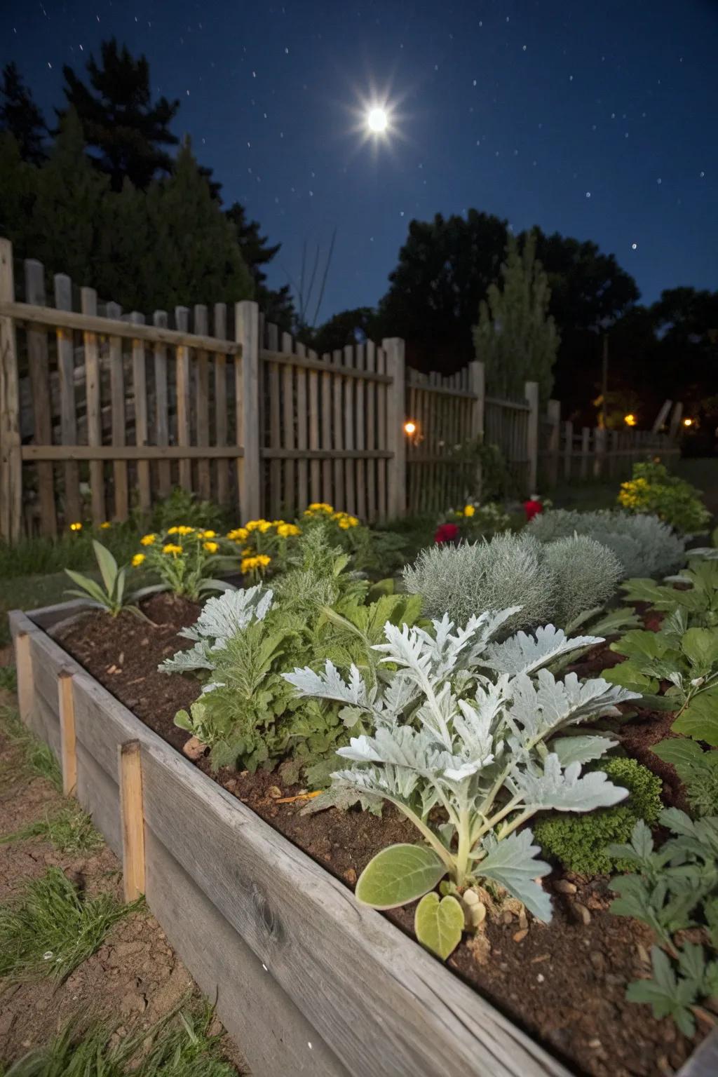 The glimmering foliage of silver ragwort and woolly lamb's ear introduce a mystical aspect.