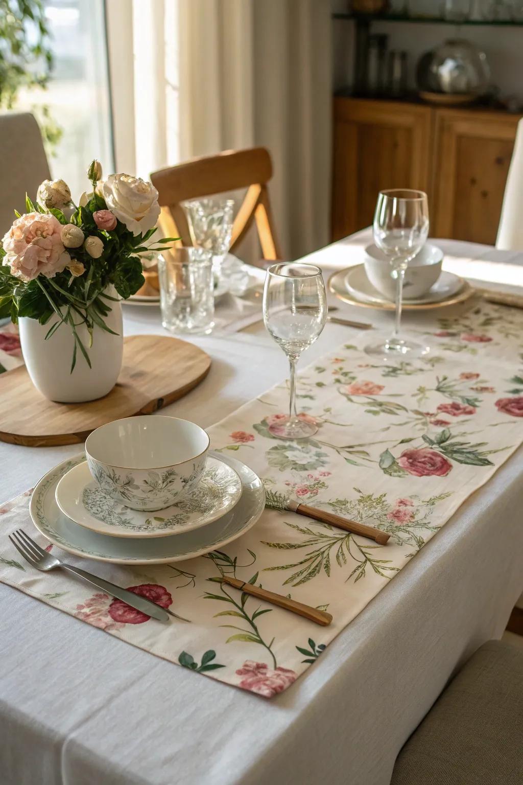 A floral table runner bringing a fresh vibe to the dining table.