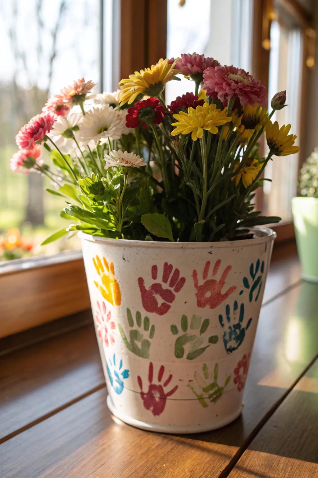 A flower pot embellished with children's handprints.