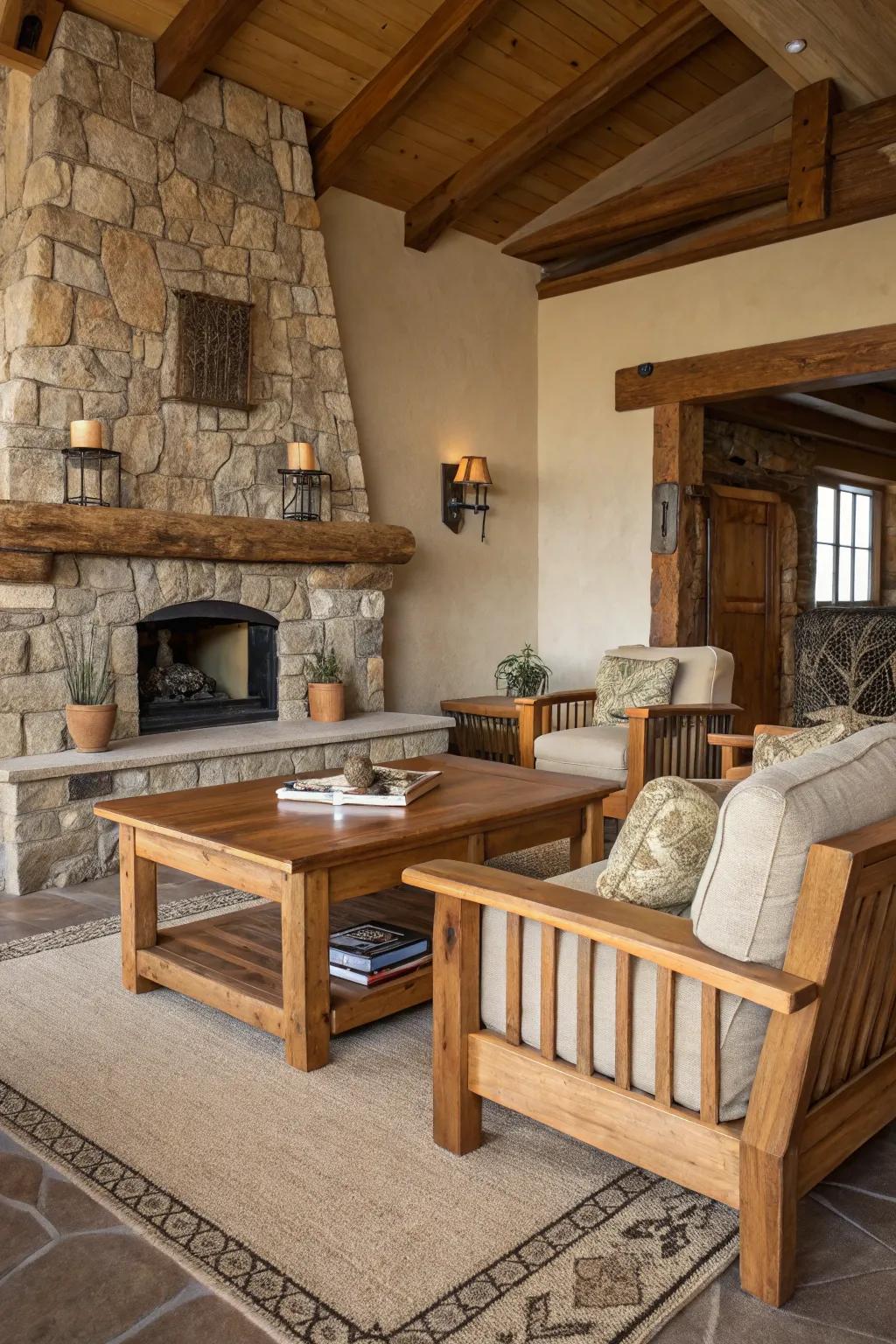 A rustic-style living room showcasing the inherent beauty of raw materials.