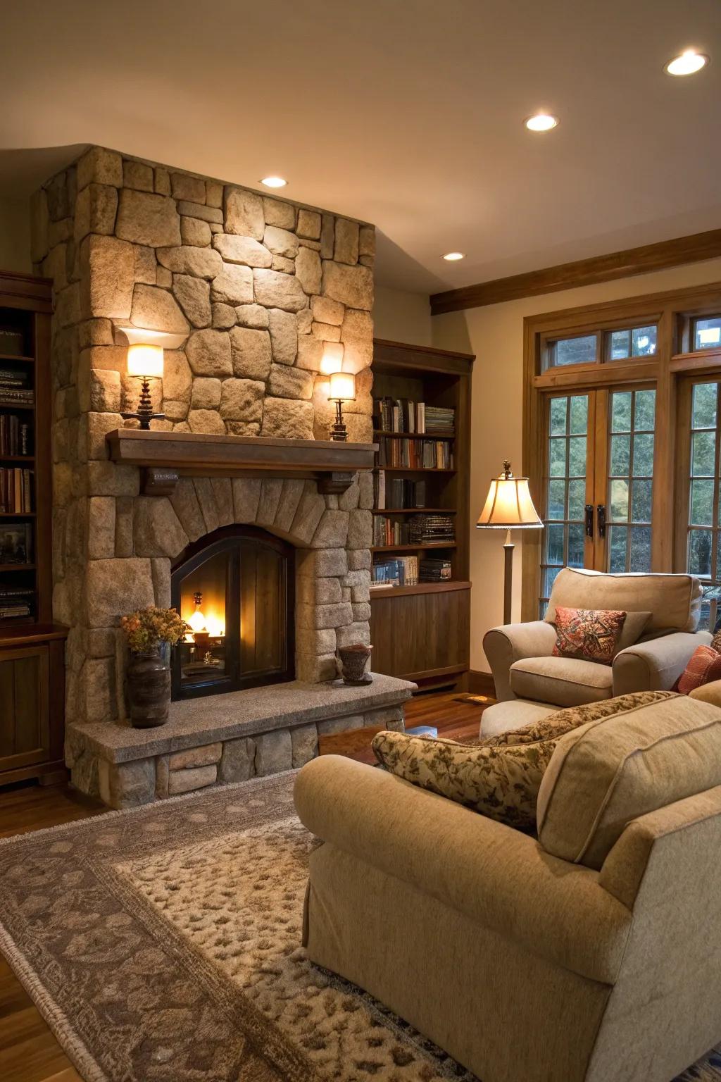 A stone fireplace becomes the heart of this inviting living area.
