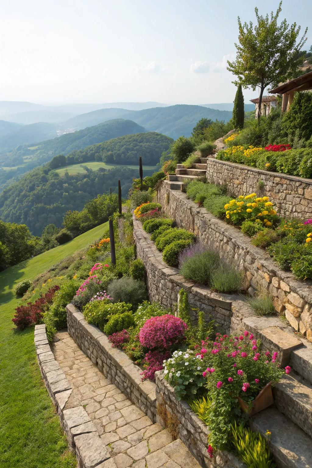 Terraced gardens featuring stone retaining structures, which add a sense of depth to the landscape.