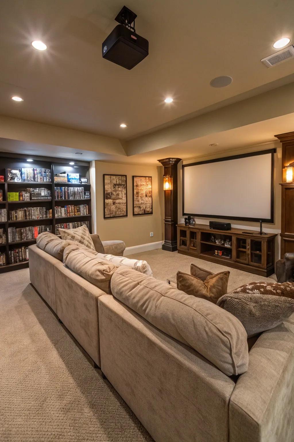 Wraparound sofas enhance the warmth of movie nights.