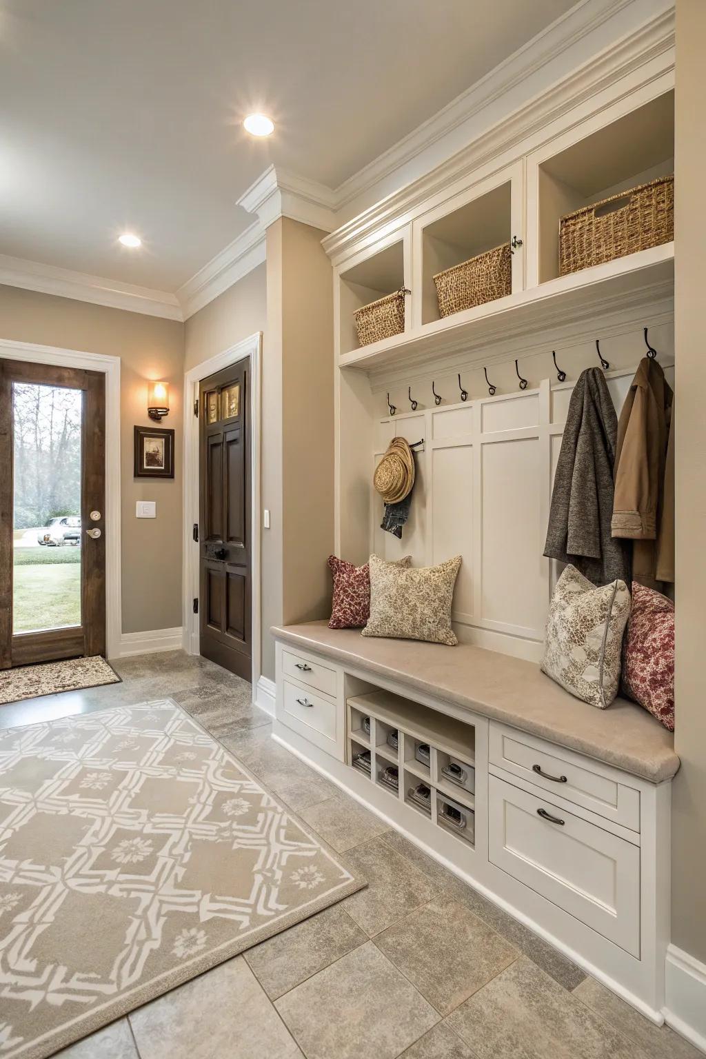 Neutral shades adding refinement to a mudroom