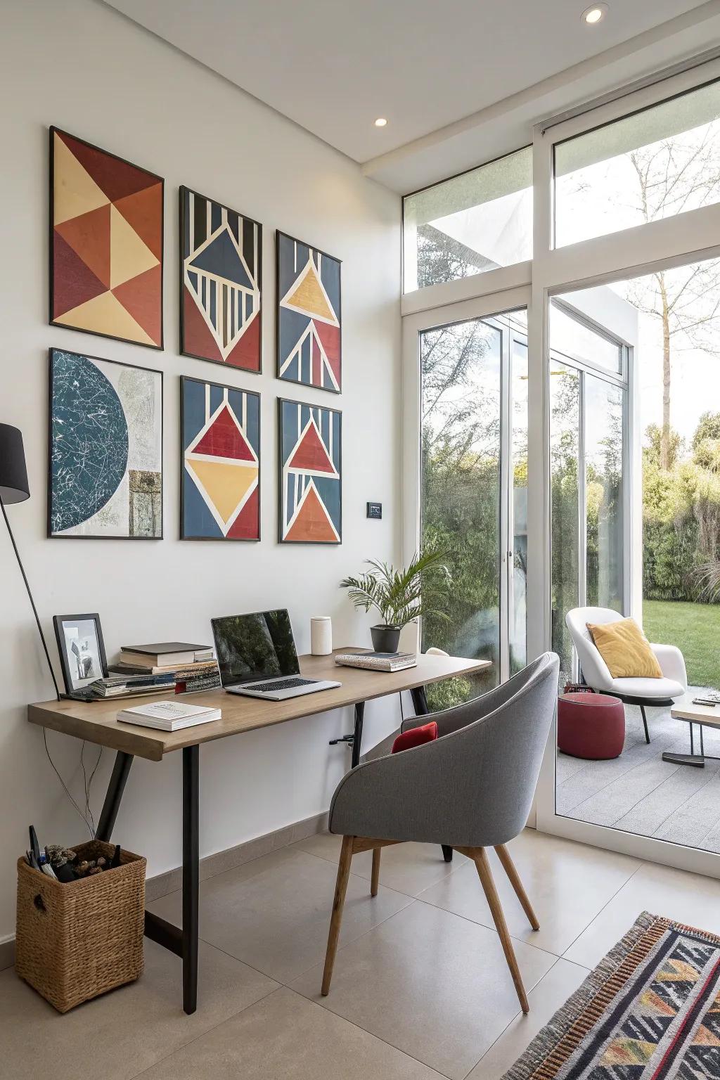 A stunning geometric multi-canvas artwork that brings vitality and flair into a modern workspace.