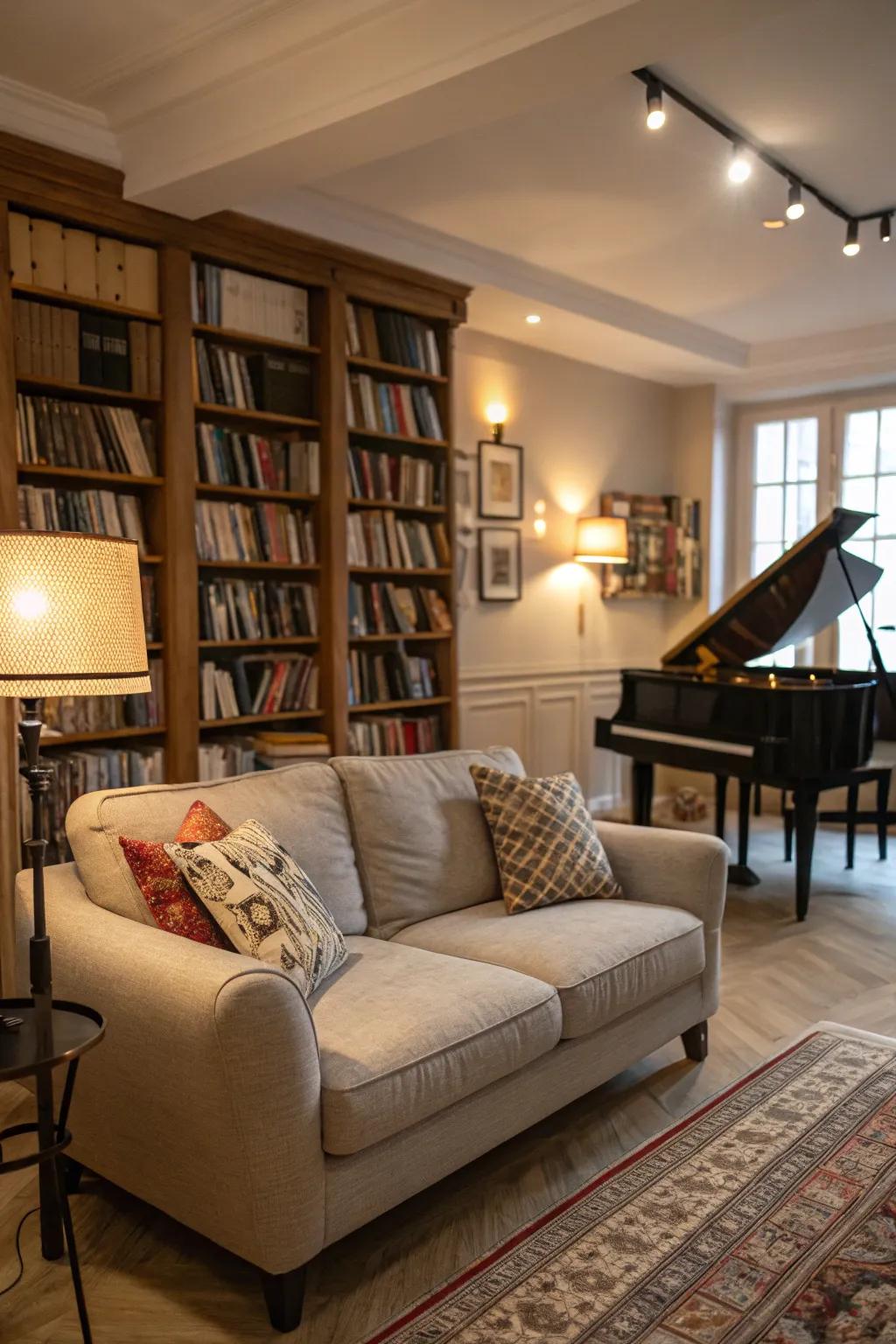 Comfortable seating creates an inviting atmosphere in the music room.