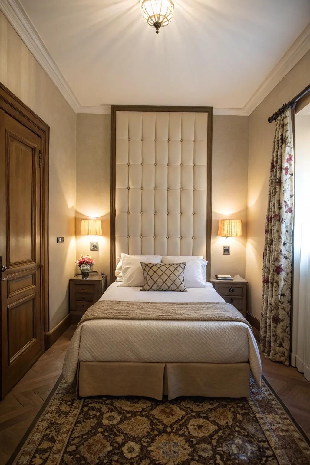 Tall headboard introducing upward visual interest and enhancing the perception of space in a narrow room.