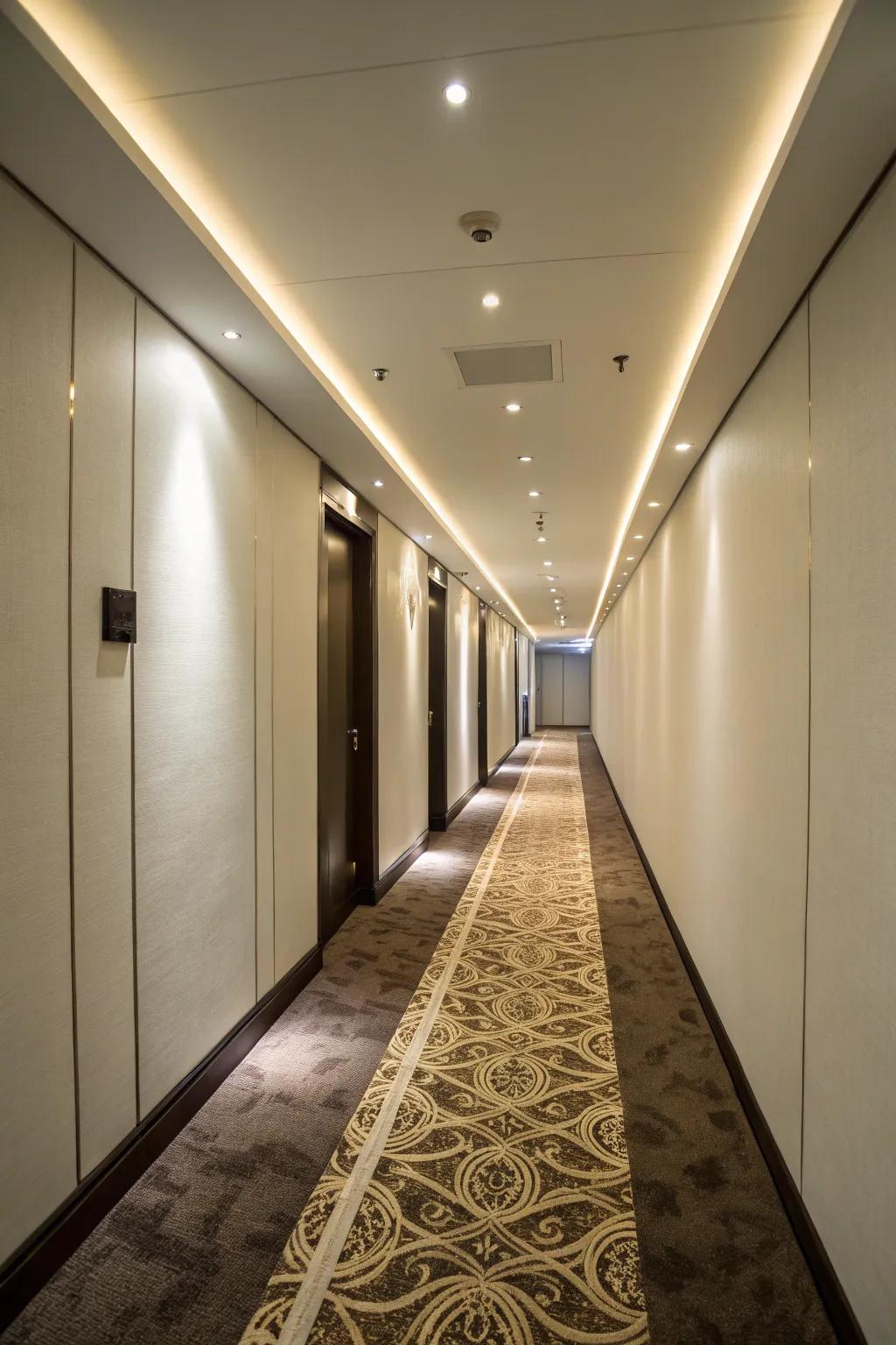 Integrated illumination bestows a minimalist attribute to constricted hallways.