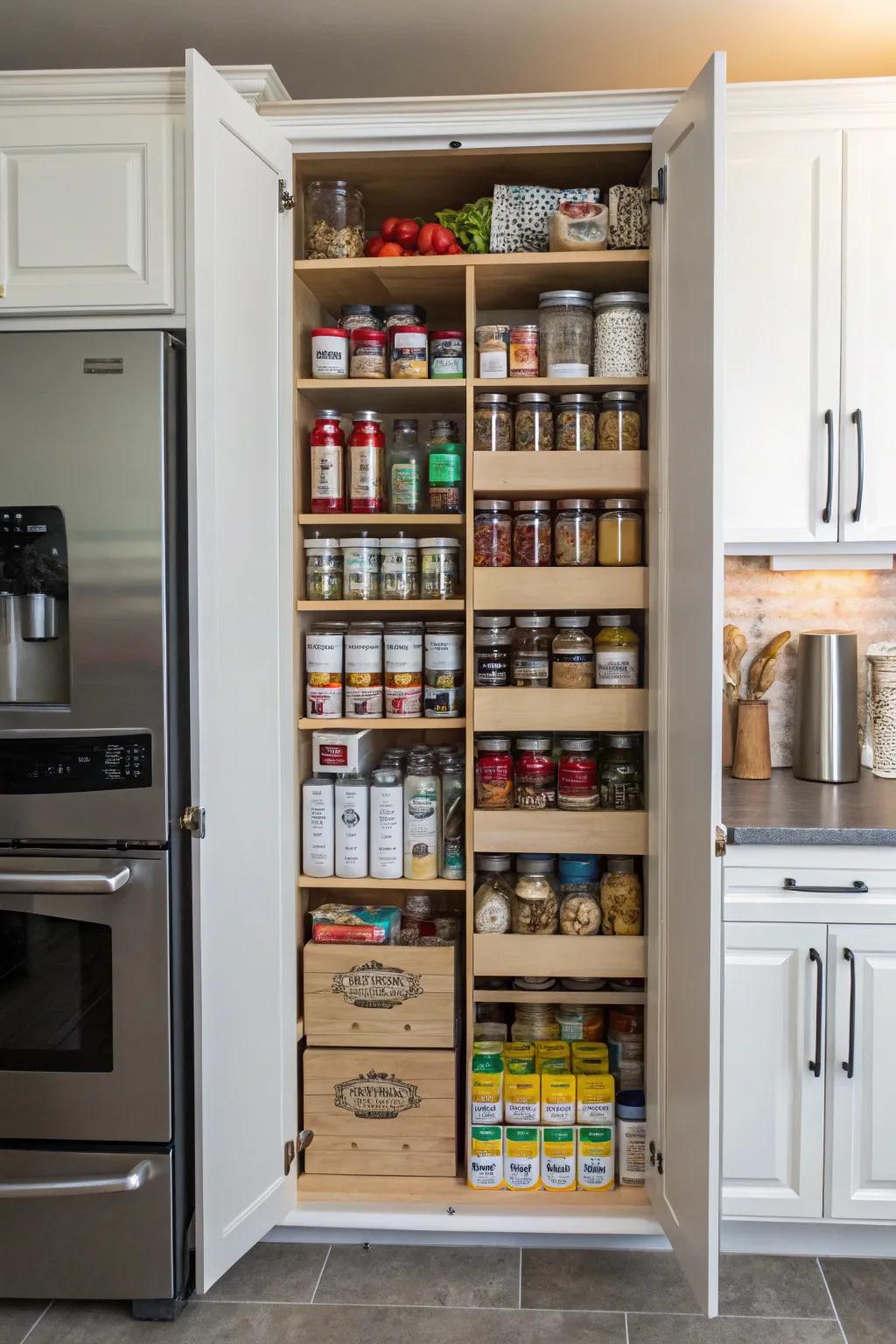 A tall, narrow kitchen cabinet making efficient use of vertical space for storing pantry items.