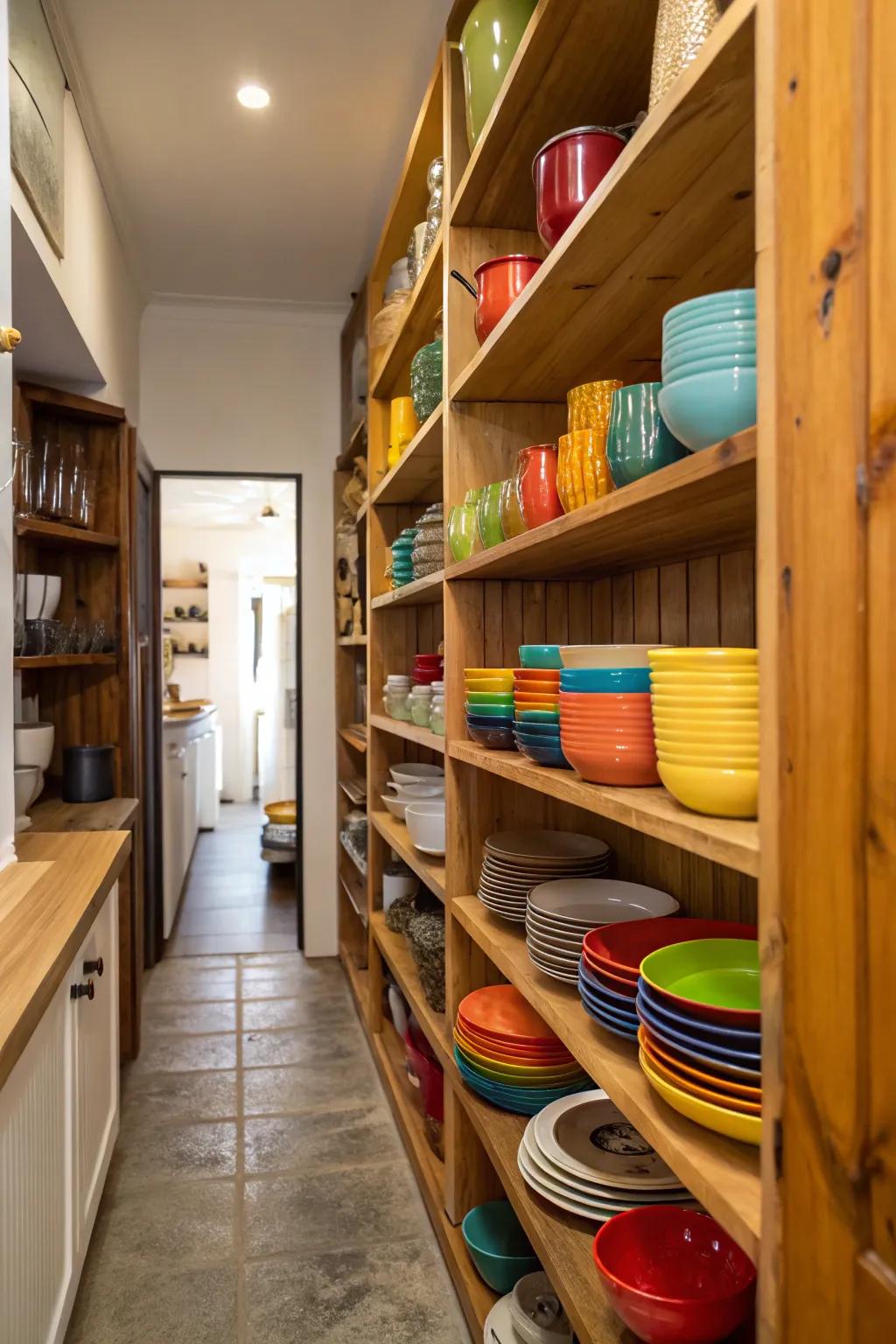 Open shelves contribute function and elegance to a small kitchen.