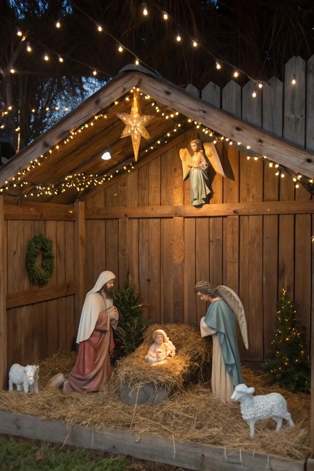 A rustic wood stable creates an endearing, genuine scene.