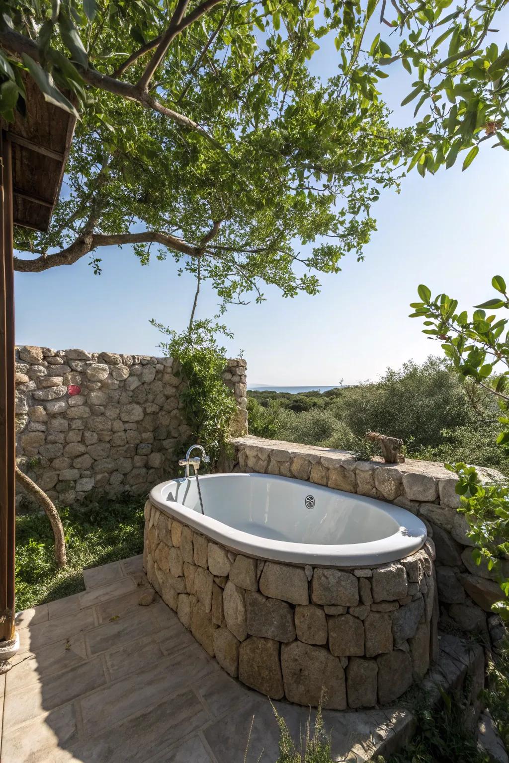 Design a stone haven for a peaceful bathing encounter.