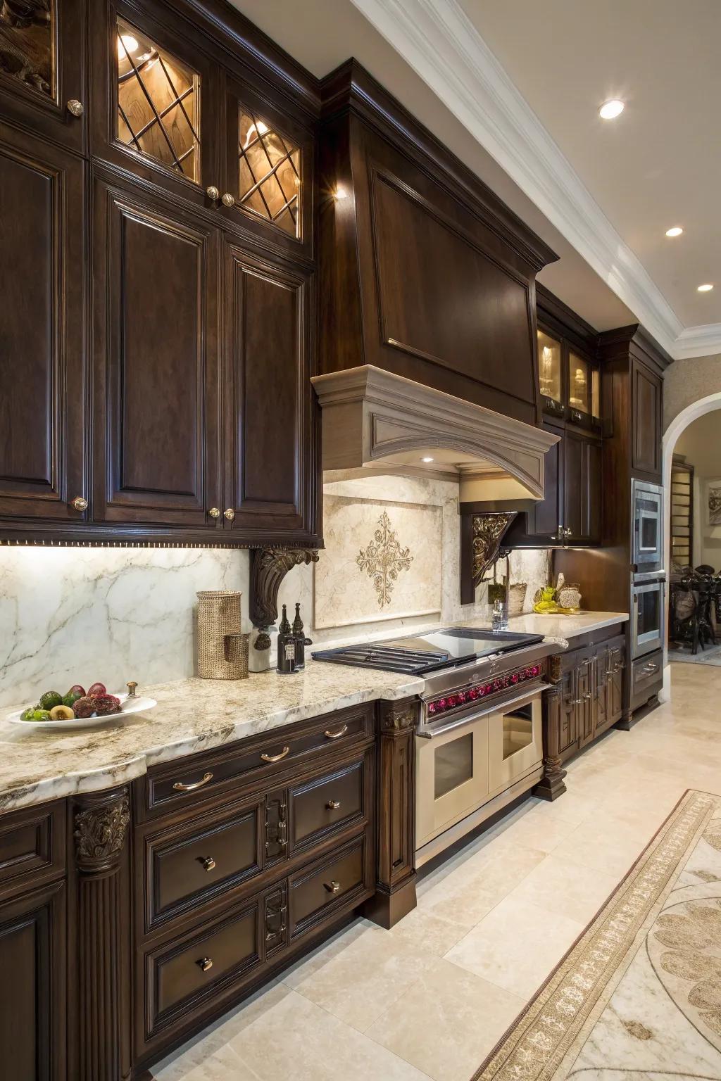 Deep-toned timber cabinets present a sumptuous and elegant appearance.