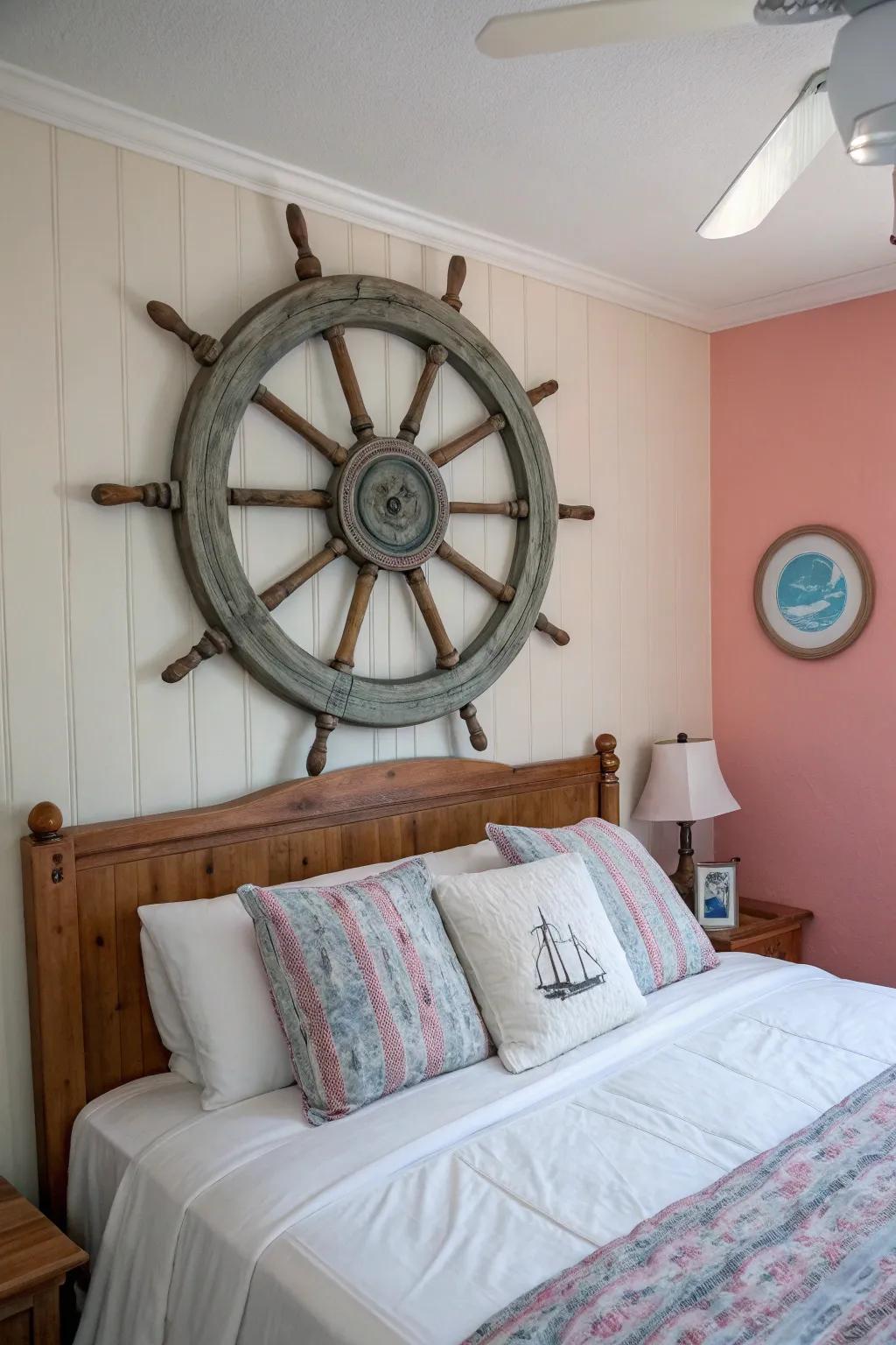 A vintage ship wheel brings an authentic nautical appeal to the bedroom.