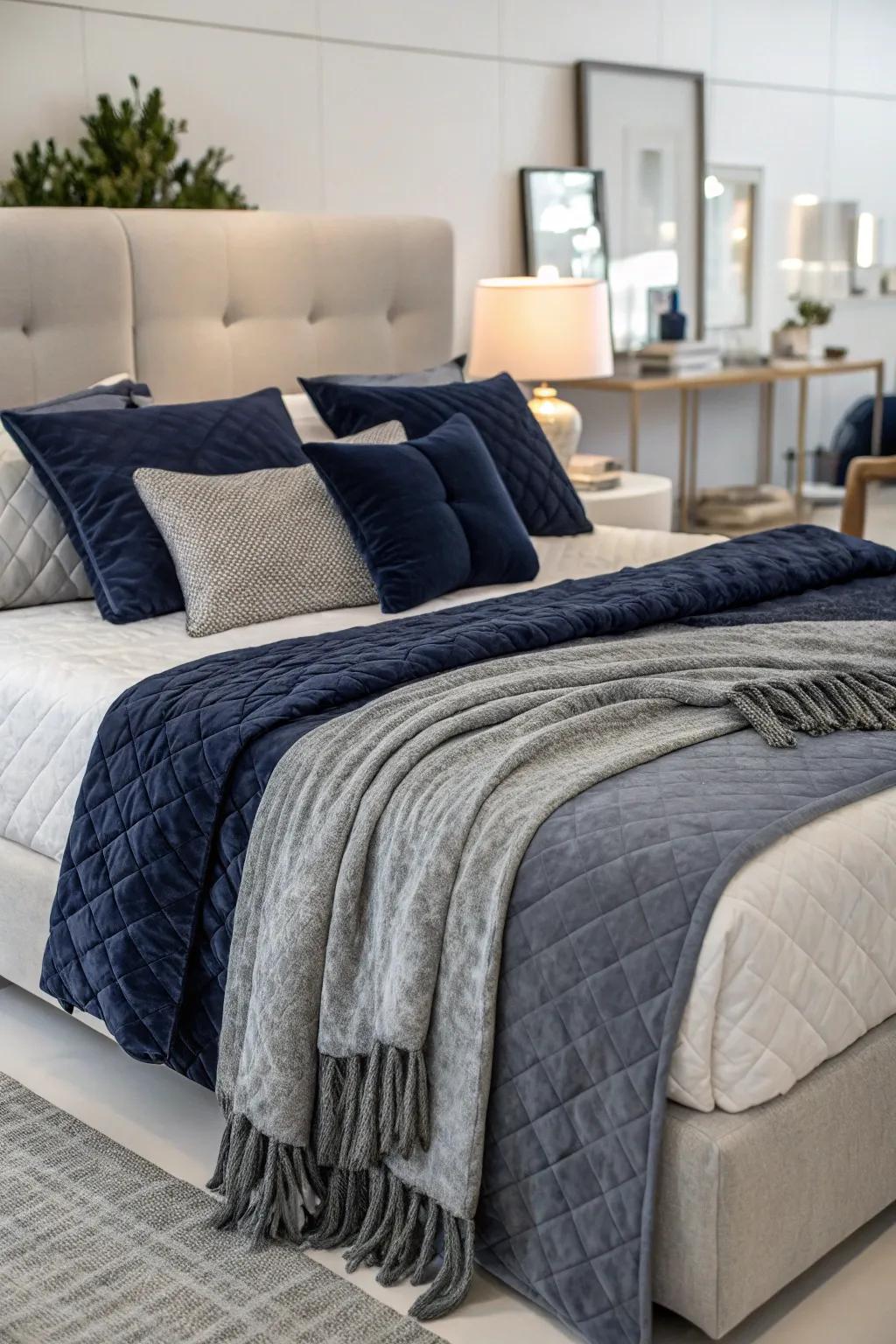 Layering various textures in grey and navy enhances the bedroom's comfort and visual appeal.