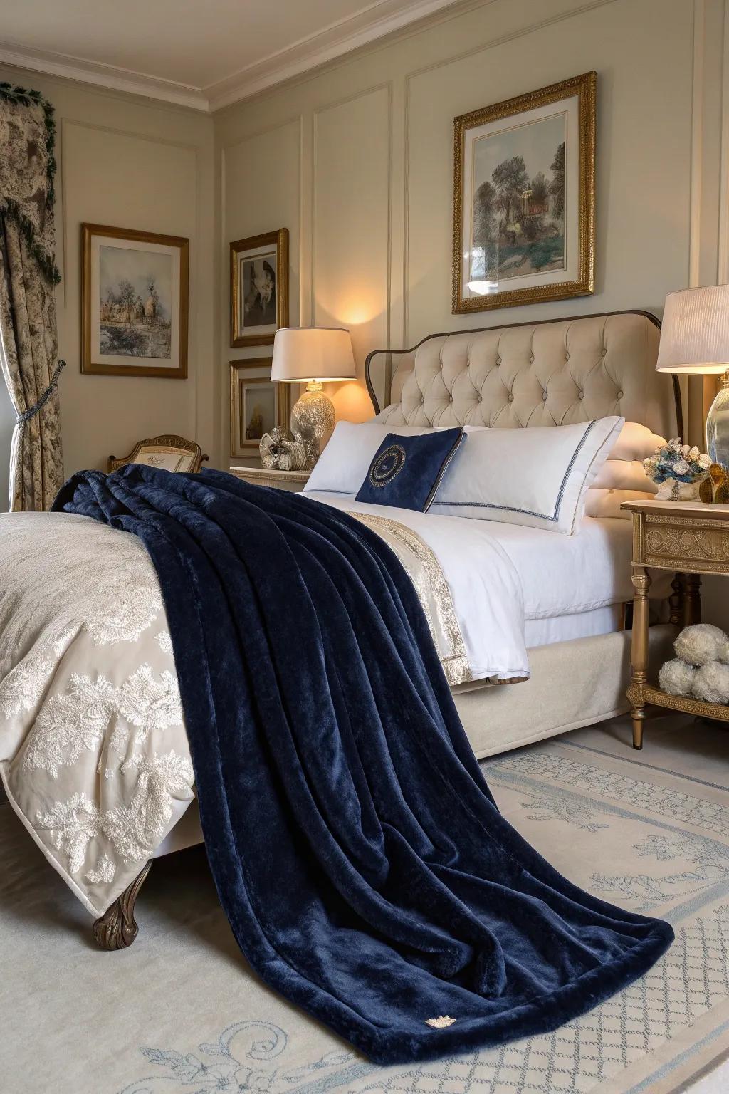 Incorporate extravagance with a delicate silky dark blue throw.