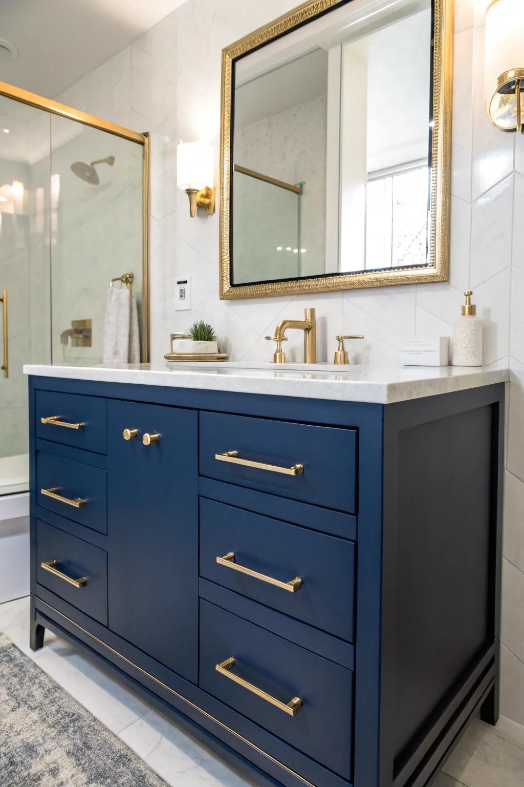Gilded accents enhance the deep sea blue vanity's charm.