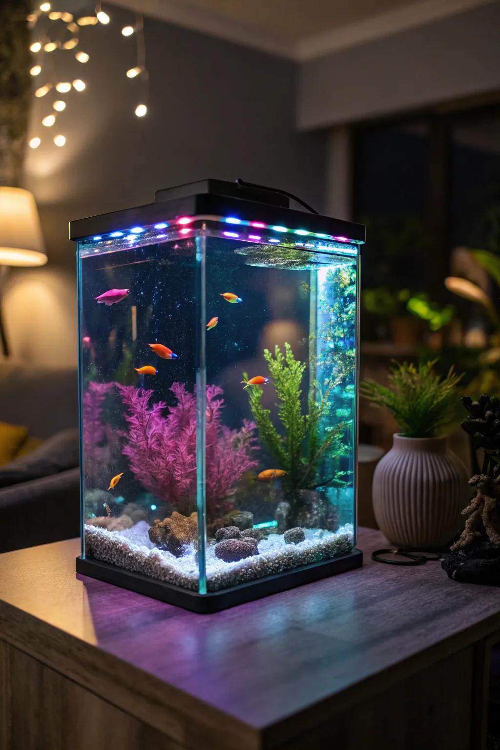 Light-emitting diodes cast an energetic radiance across this fluorescent-themed fish tank.