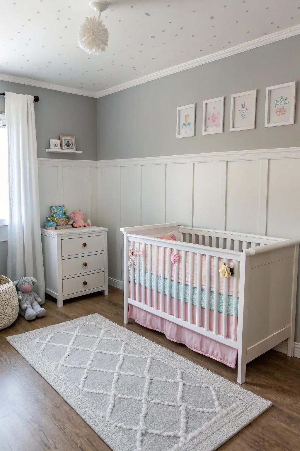 A contemporary nursery featuring walls in subtle silver tones.