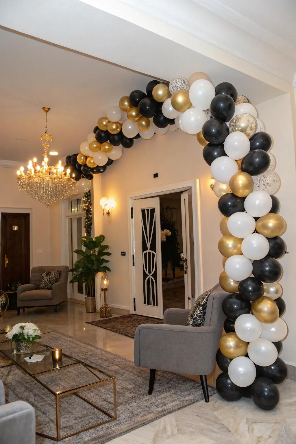 An elegant balloon arch showcasing timeless New Year’s colors, ideal for creating an entrance.