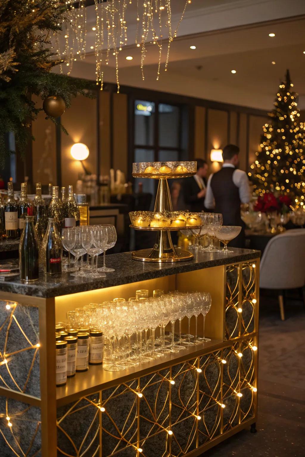 A refined bubbly station lends a dash of sophistication to any New Year's Eve event.