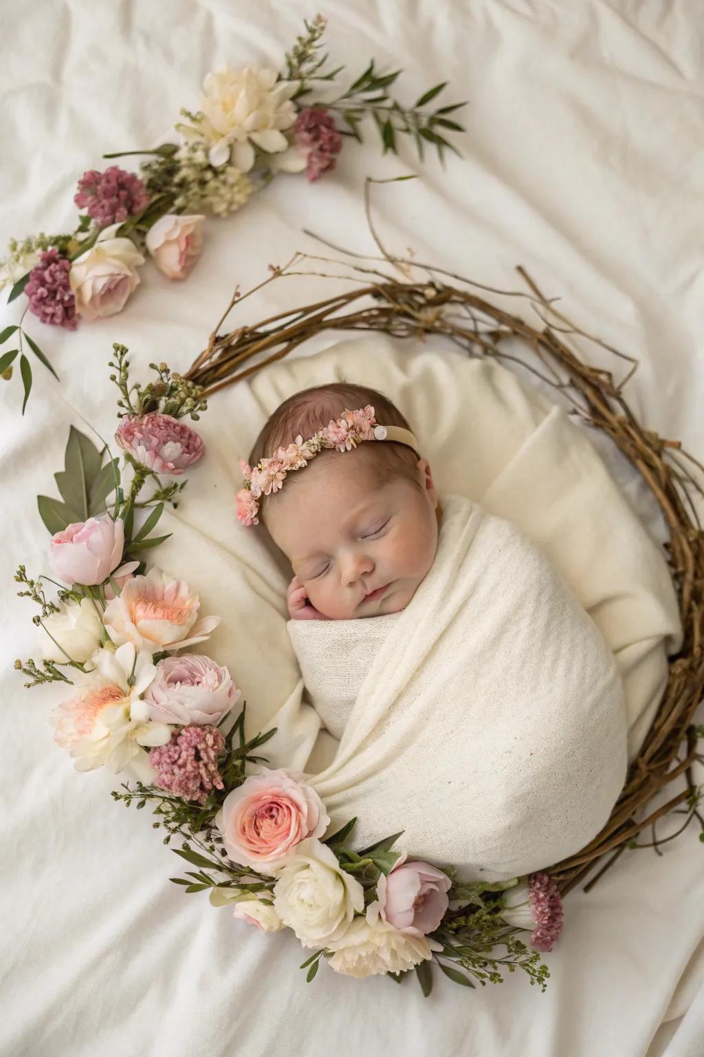 A baby nestled in a gorgeous floral wreath.
