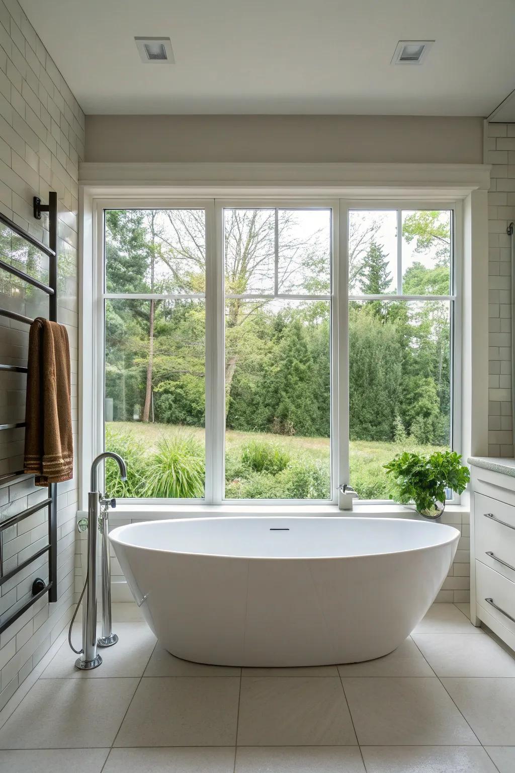 An independent soaking tub elegantly positioned near a large window.