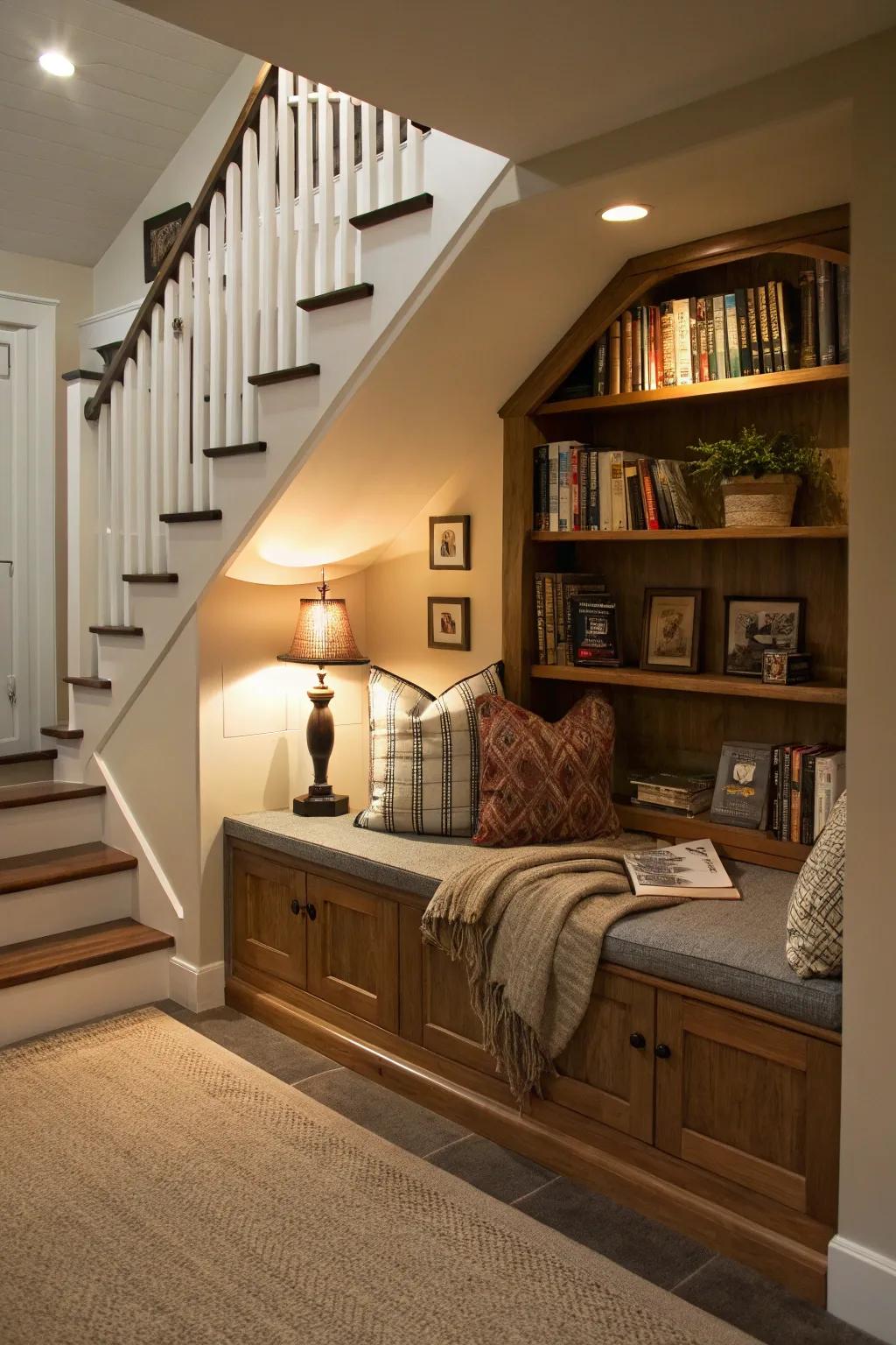 A stairway nook provides a secluded getaway with comfortable seating and ample book storage.