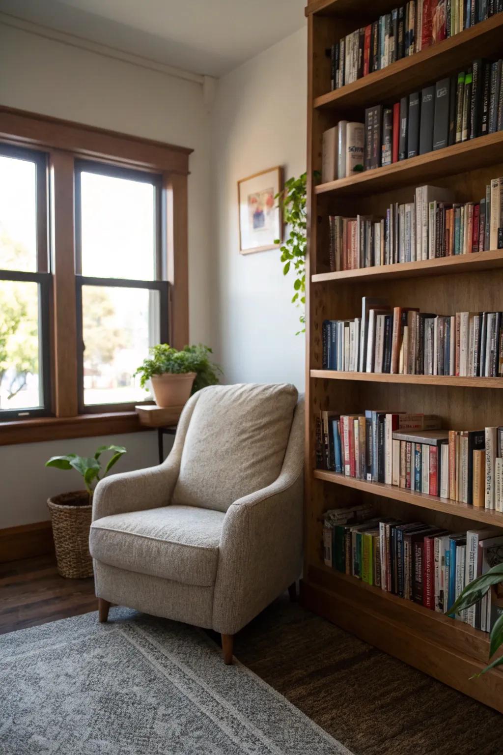 A bookshelf haven where practicality meets a passion for reading.