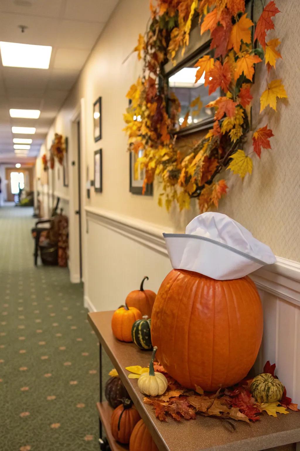 A touch of nostalgia is added by the pumpkin wearing a caregiver's headwear.