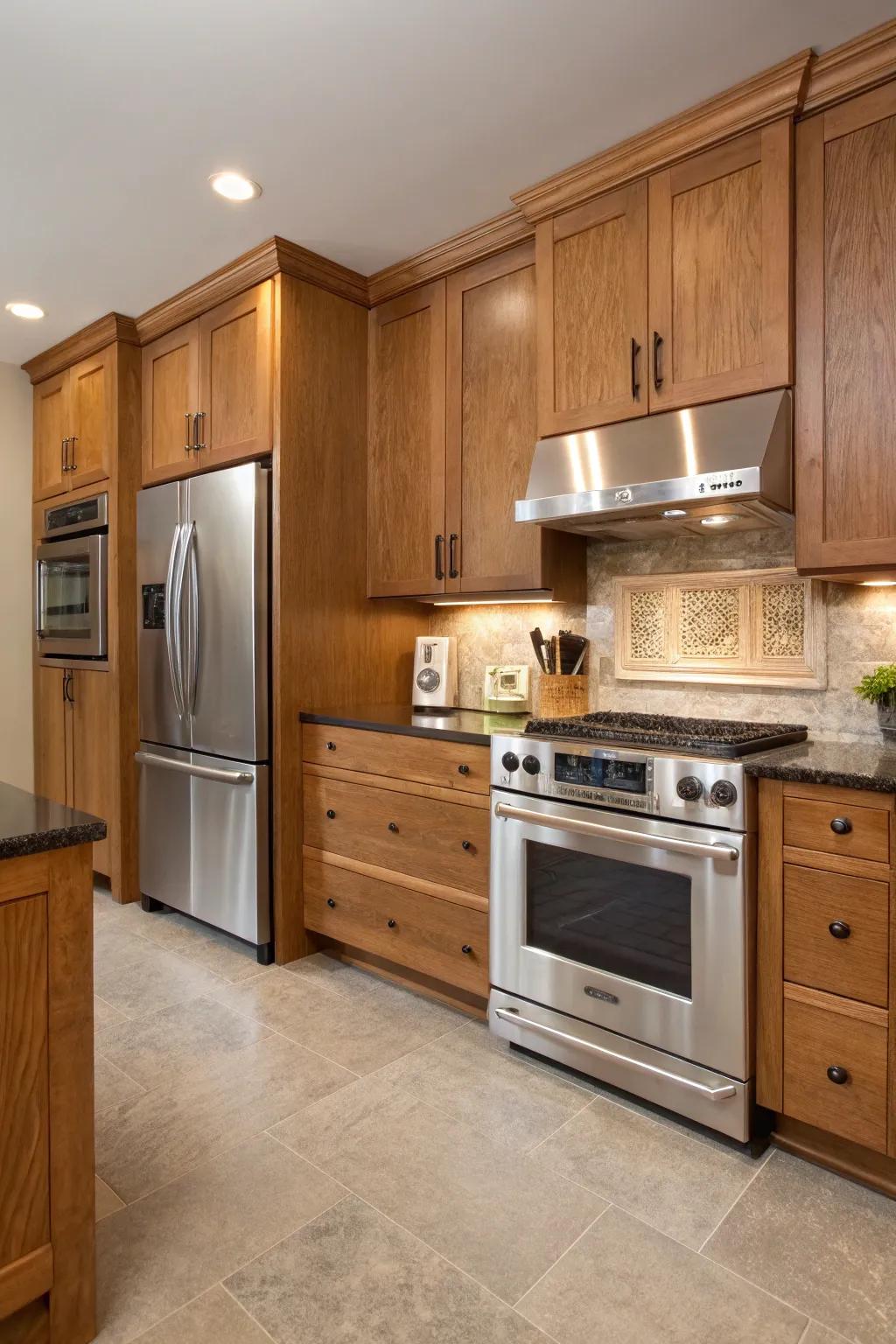 Where modern meets classic: stainless steel appliances in an oak kitchen.