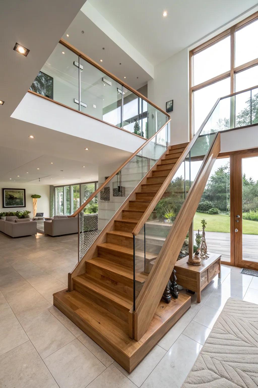 A contemporary blend of oak and glass for a chic staircase design.