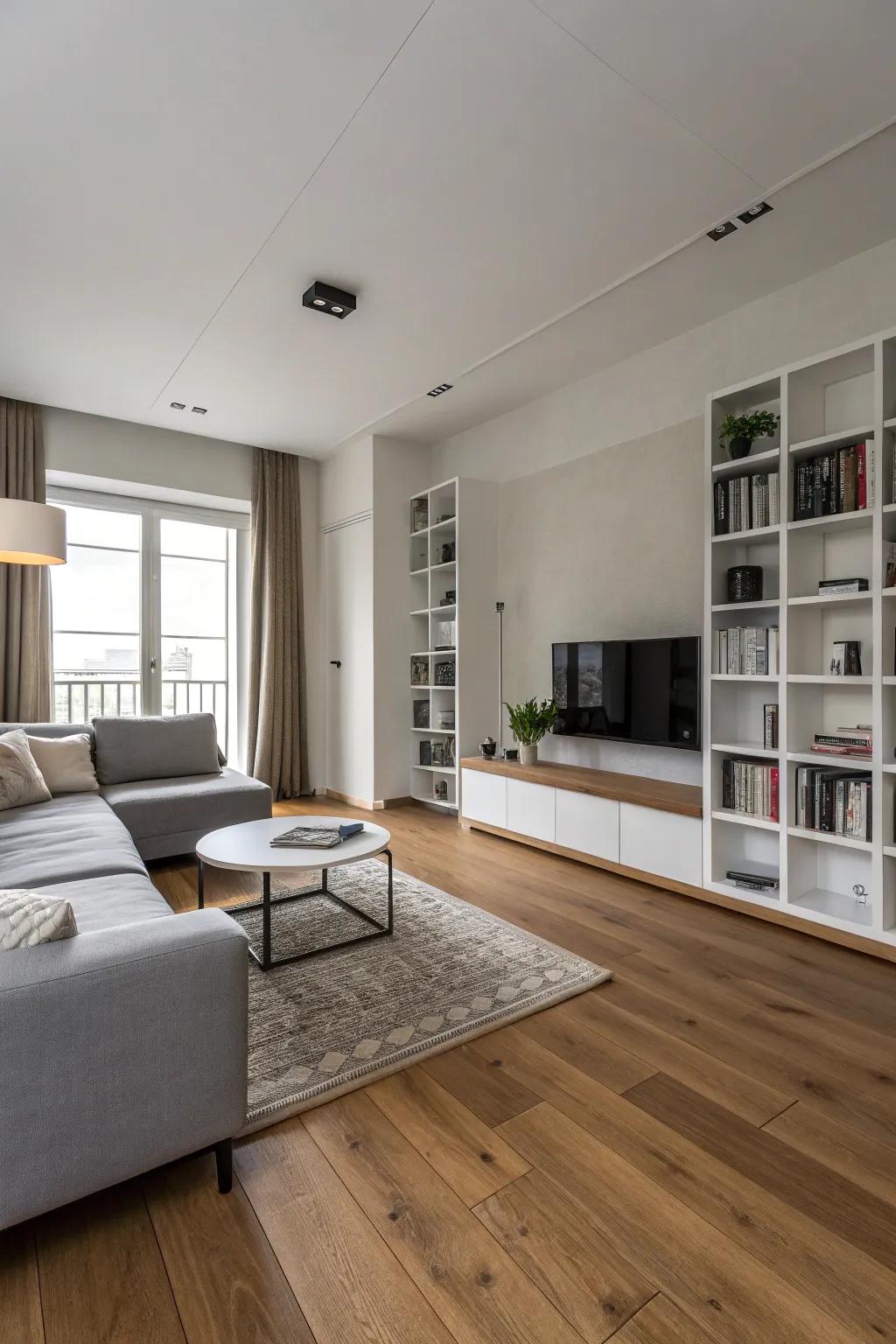 A minimalist living room that emphasizes the elegance of light oak flooring.